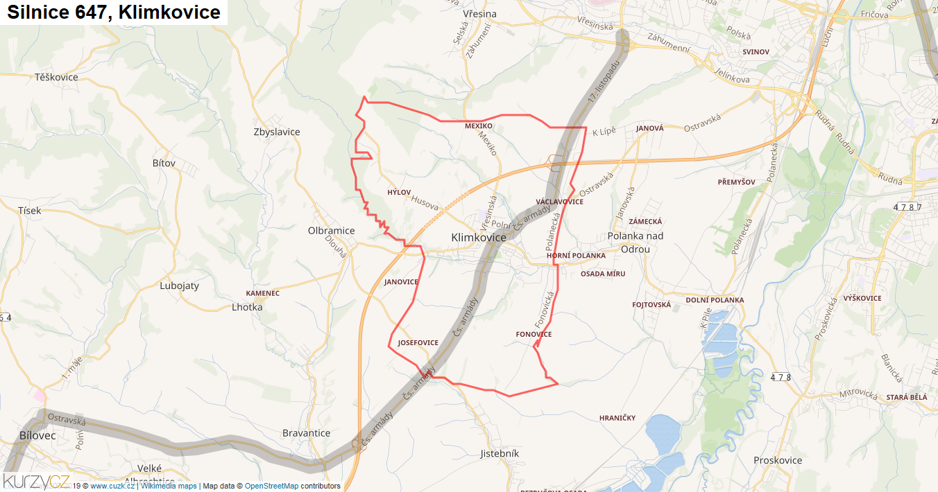 Klimkovice, Silnice 647 - Mapa