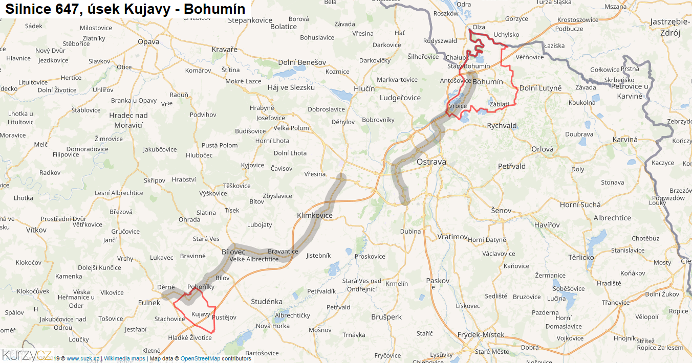 Úsek Kujavy - Bohumín, Silnice 647 - Mapa