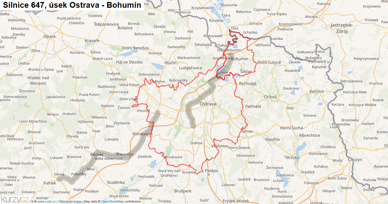 Úsek Ostrava - Bohumín, Silnice 647 - Mapa