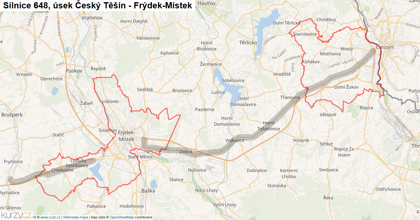 Úsek Český Těšín - Frýdek-Místek, Silnice 648 - Mapa