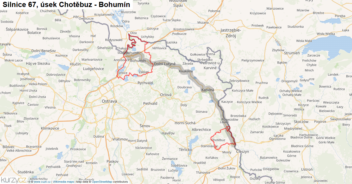 Úsek Chotěbuz - Bohumín, Silnice 67 - Mapa