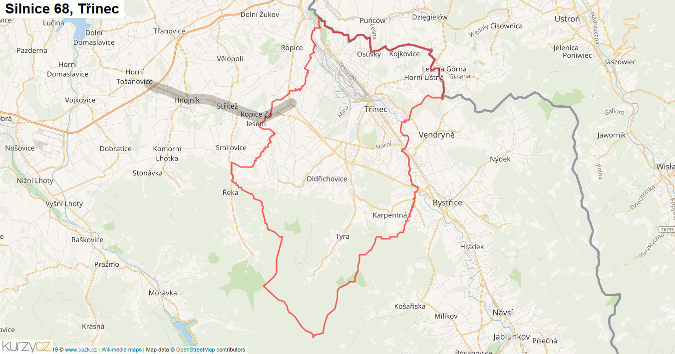 Třinec, Silnice 68 - Mapa
