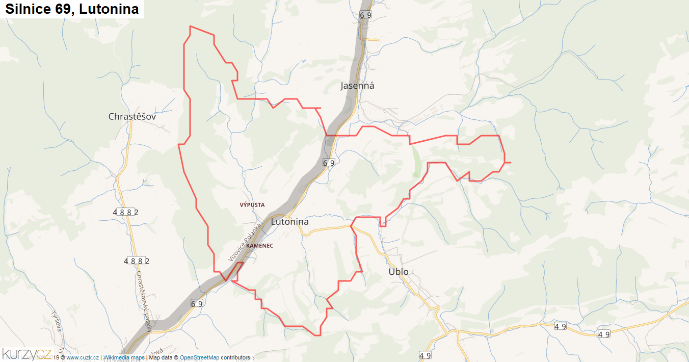 Lutonina, Silnice 69 - Mapa
