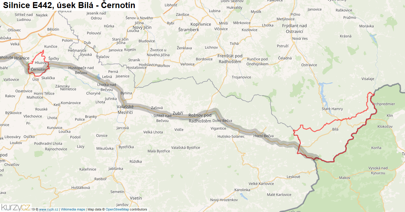 Úsek Bílá - Černotín, Silnice E442 - Mapa
