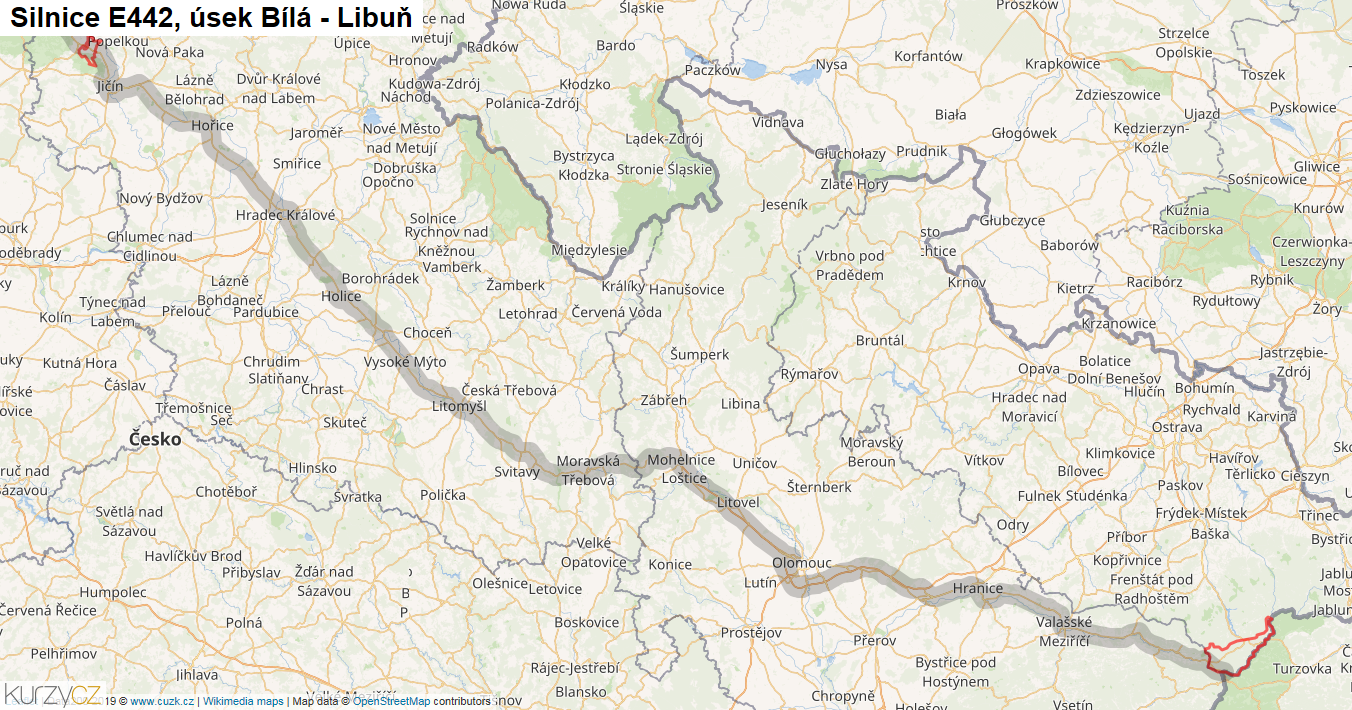 Úsek Bílá - Libuň, Silnice E442 - Mapa