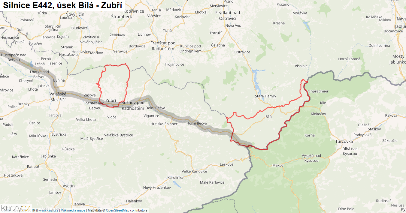 Úsek Bílá - Zubří, Silnice E442 - Mapa