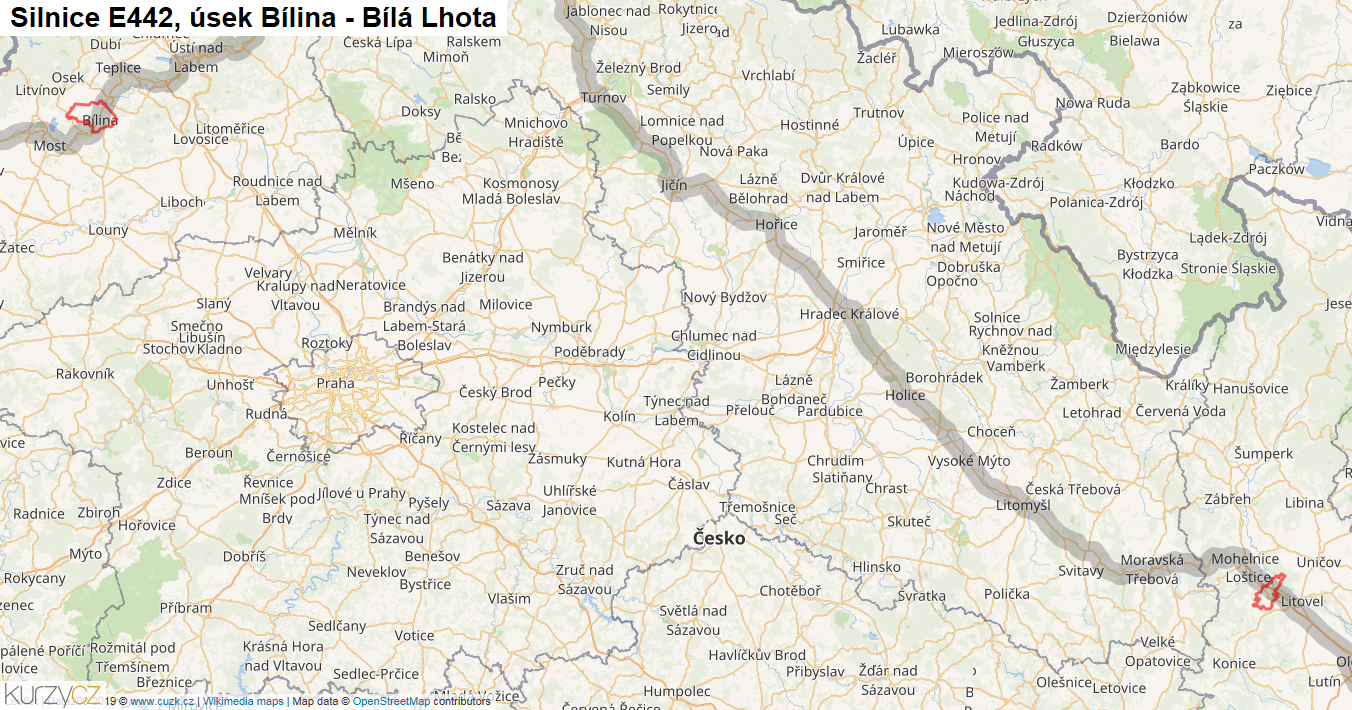 Úsek Bílina - Bílá Lhota, Silnice E442 - Mapa