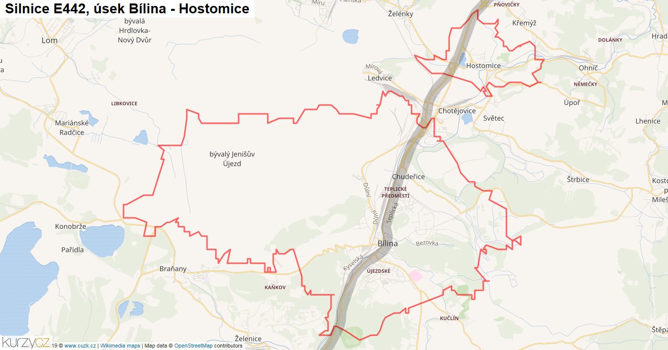 Úsek Bílina - Hostomice, Silnice E442 - Mapa