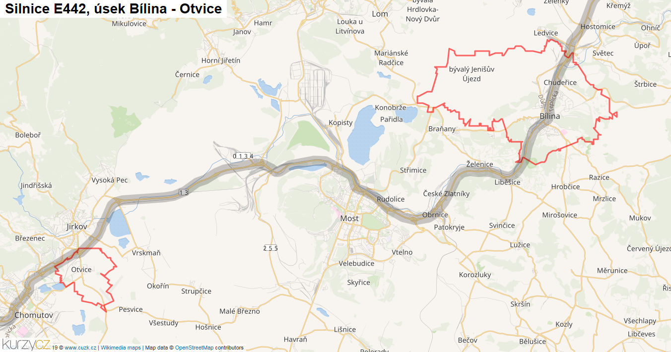 Úsek Bílina - Otvice, Silnice E442 - Mapa