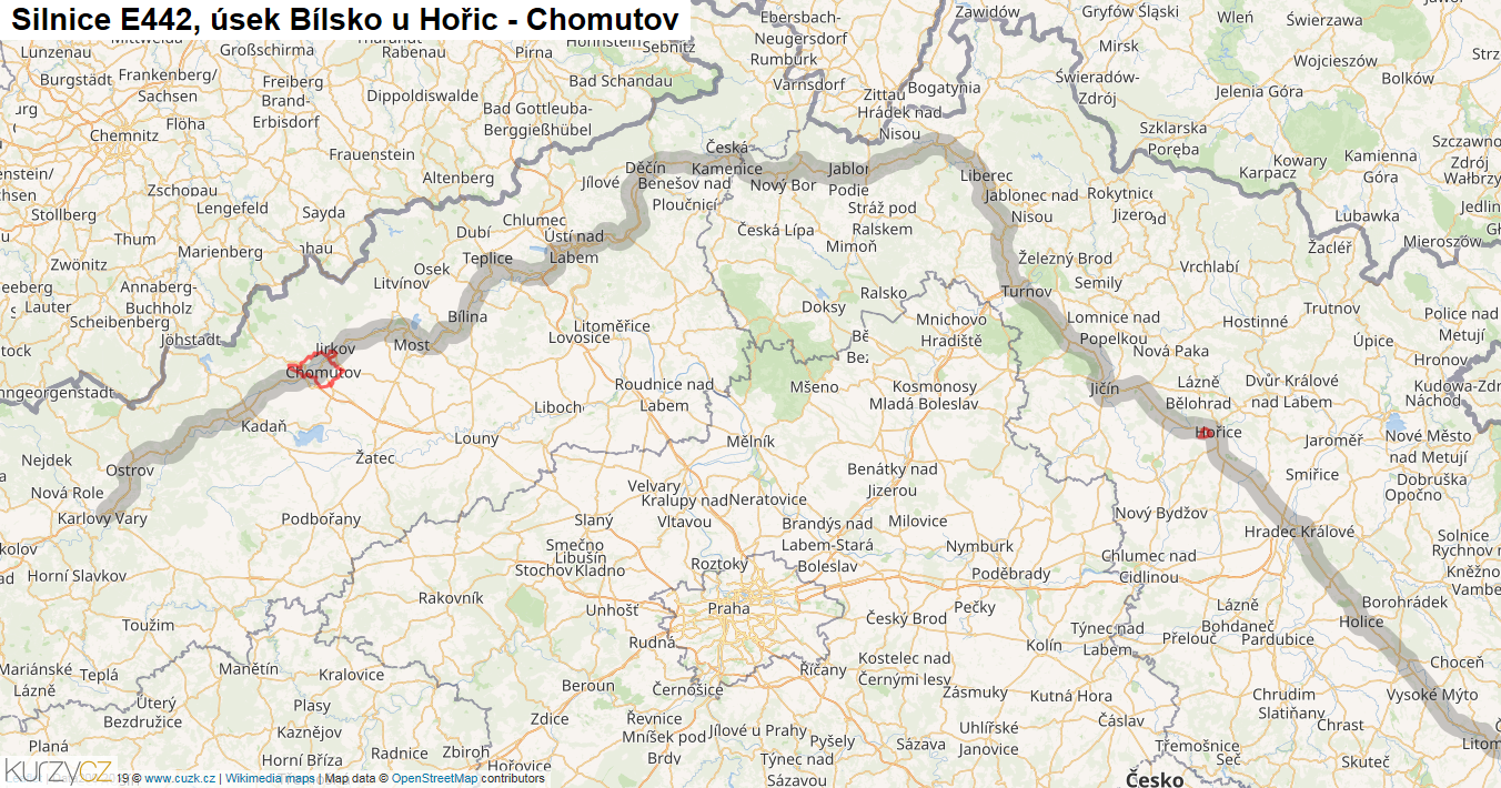 Úsek Bílsko u Hořic - Chomutov, Silnice E442 - Mapa