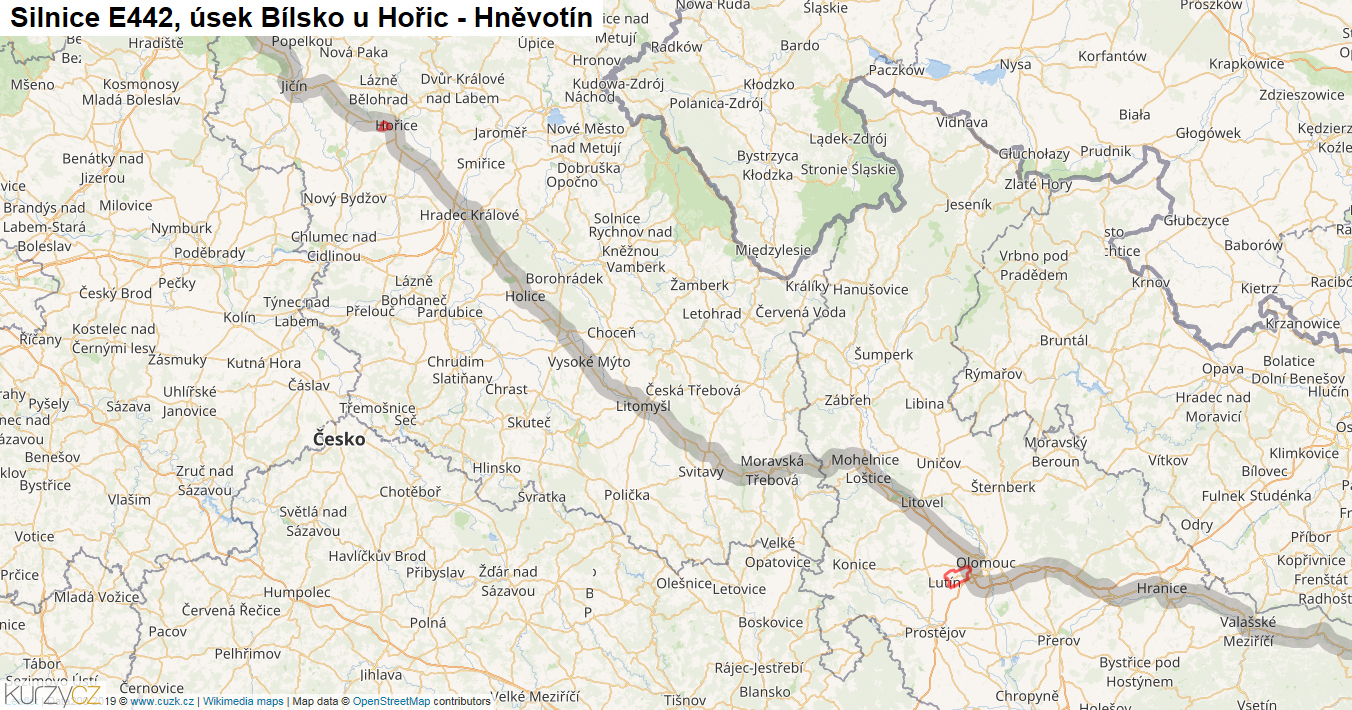 Úsek Bílsko u Hořic - Hněvotín, Silnice E442 - Mapa