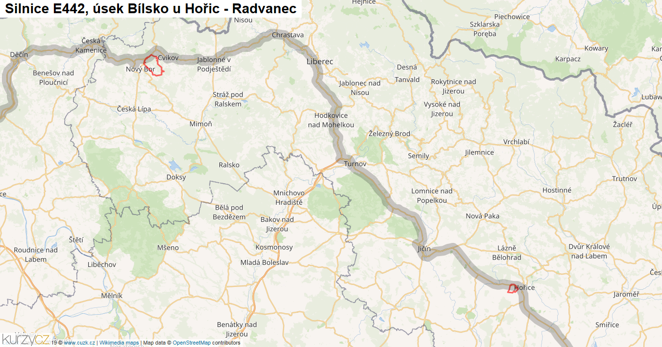 Úsek Bílsko u Hořic - Radvanec, Silnice E442 - Mapa