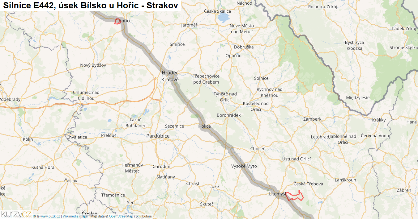 Úsek Bílsko u Hořic - Strakov, Silnice E442 - Mapa