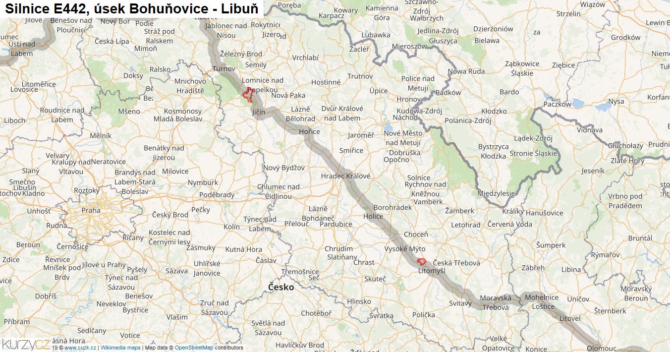 Úsek Bohuňovice - Libuň, Silnice E442 - Mapa