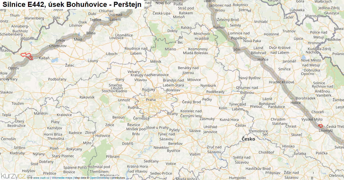 Úsek Bohuňovice - Perštejn, Silnice E442 - Mapa
