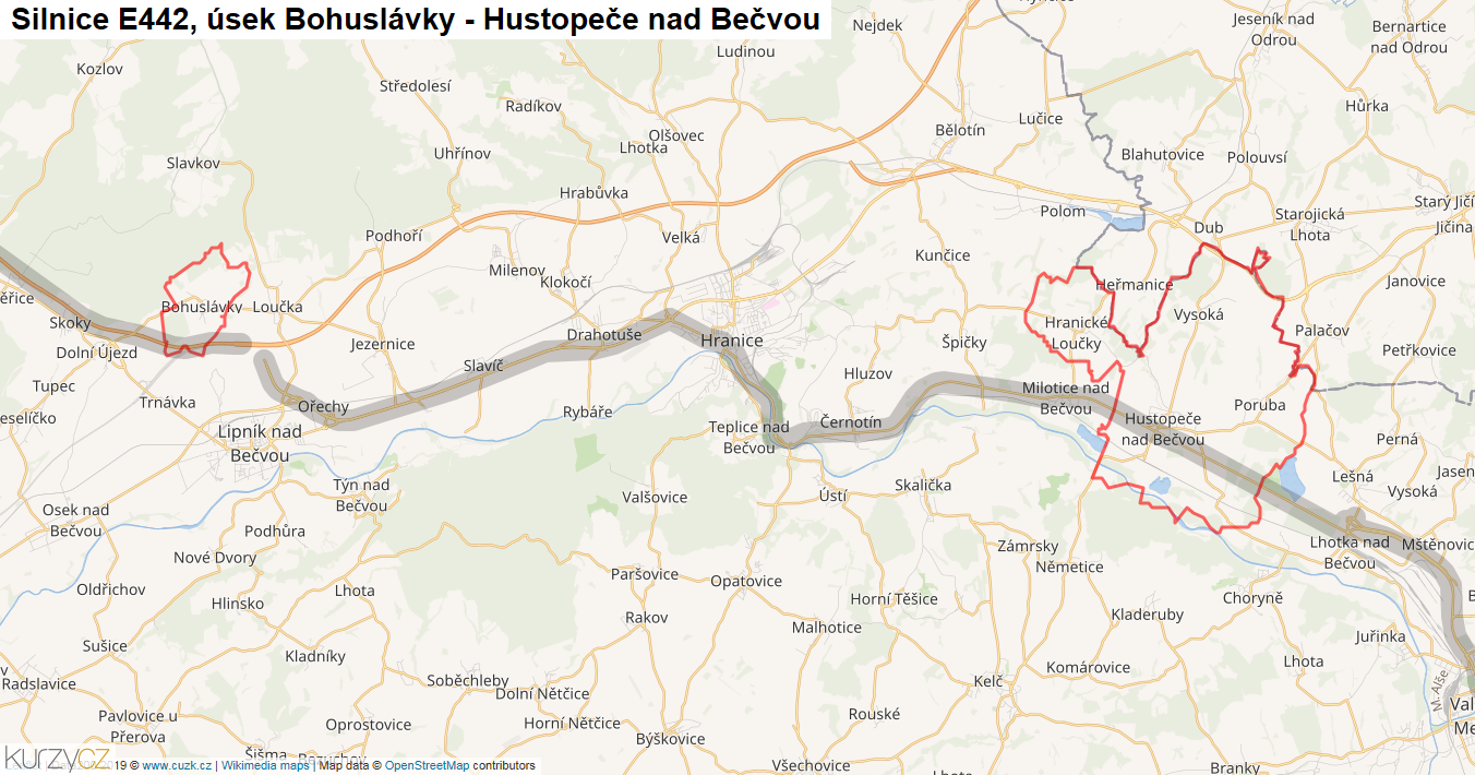 Úsek Bohuslávky - Hustopeče nad Bečvou, Silnice E442 - Mapa