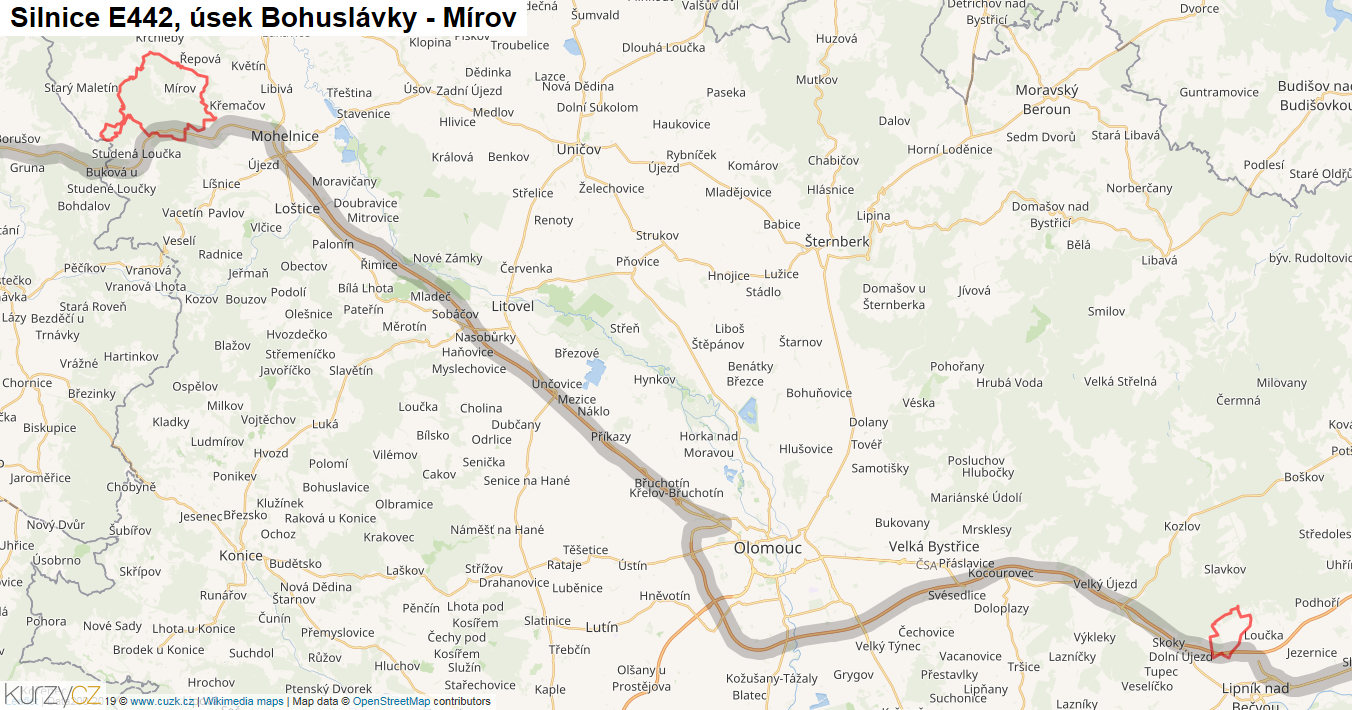 Úsek Bohuslávky - Mírov, Silnice E442 - Mapa