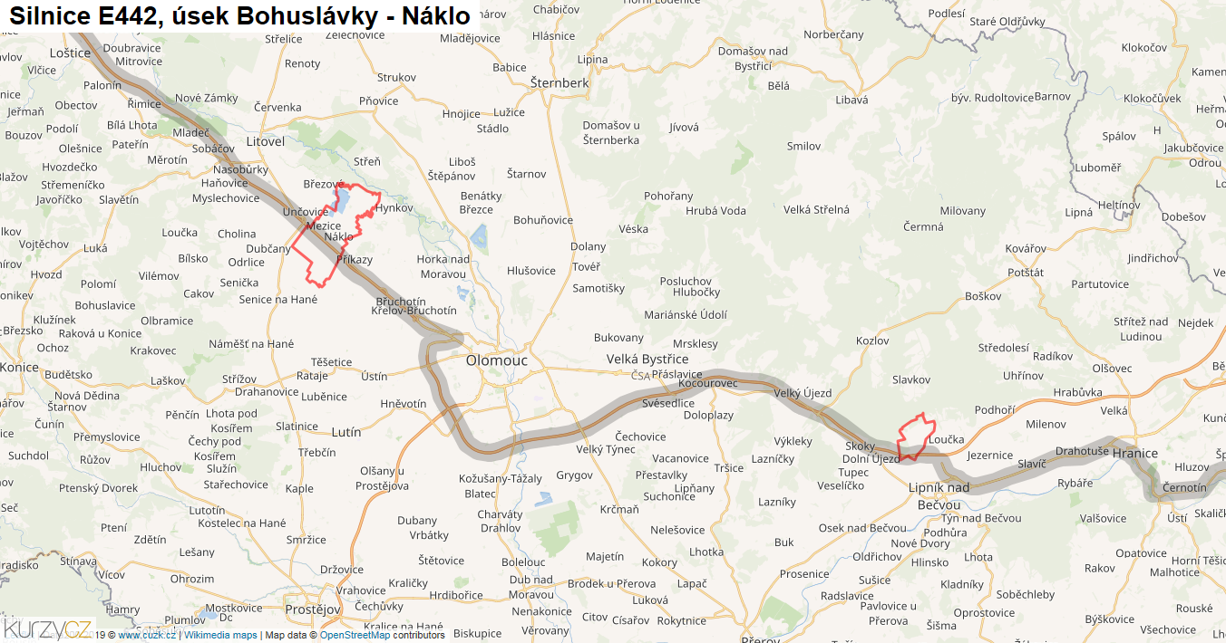 Úsek Bohuslávky - Náklo, Silnice E442 - Mapa