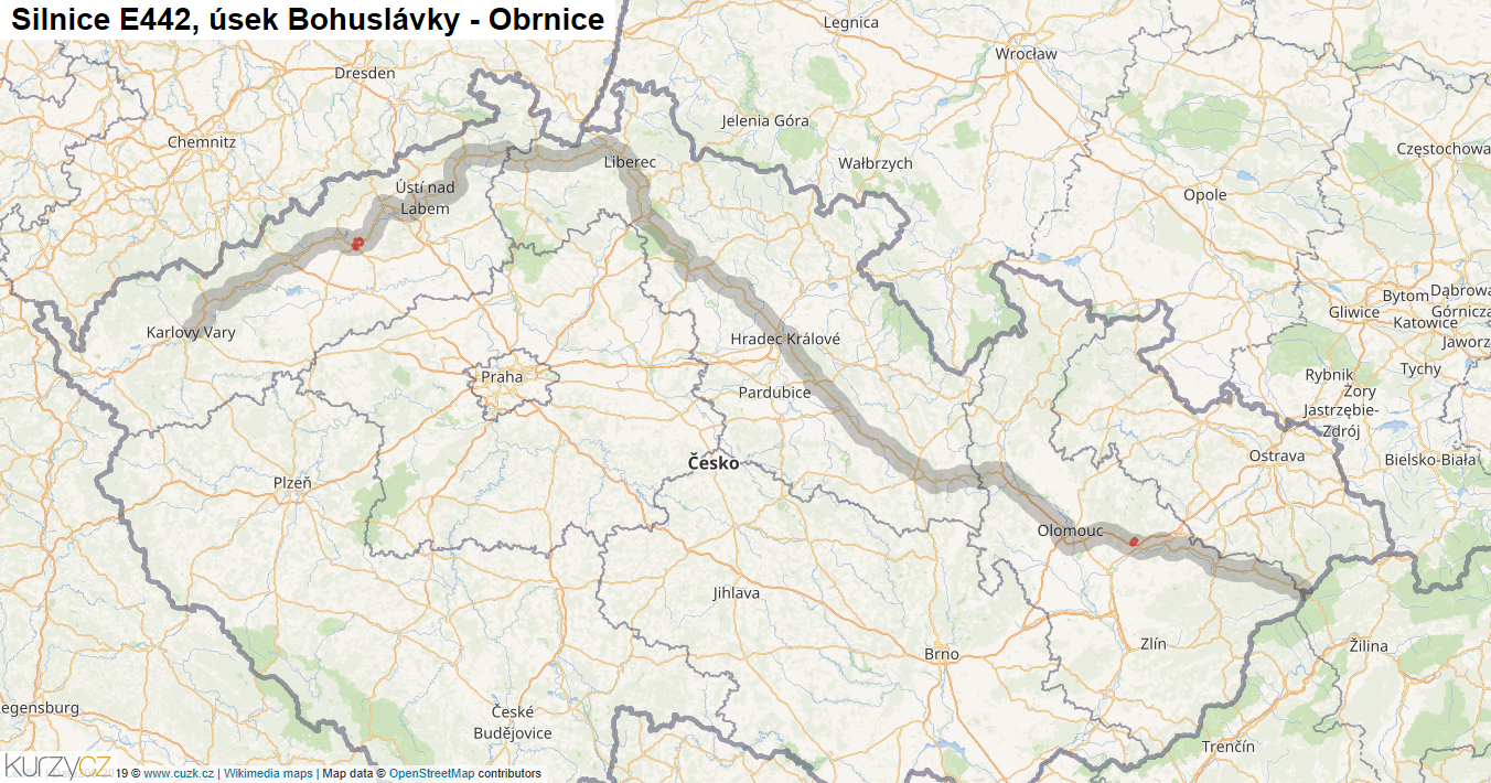 Úsek Bohuslávky - Obrnice, Silnice E442 - Mapa