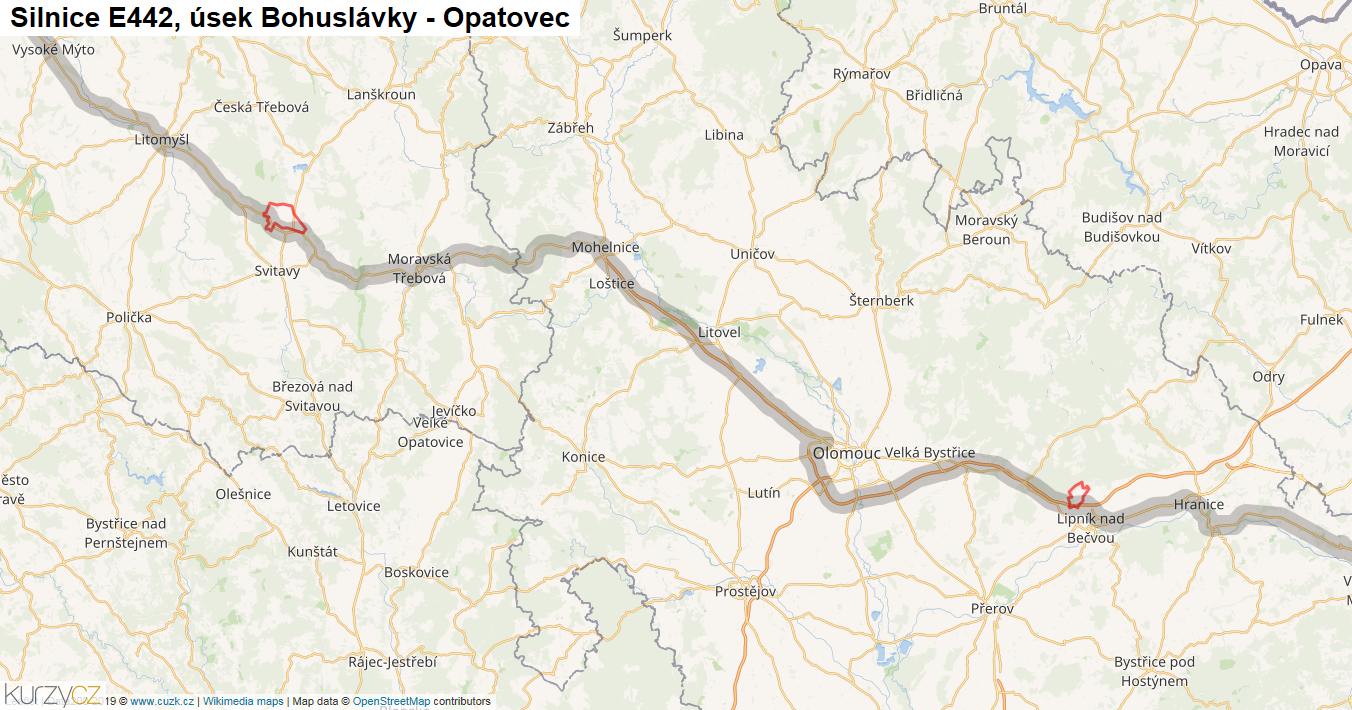 Úsek Bohuslávky - Opatovec, Silnice E442 - Mapa