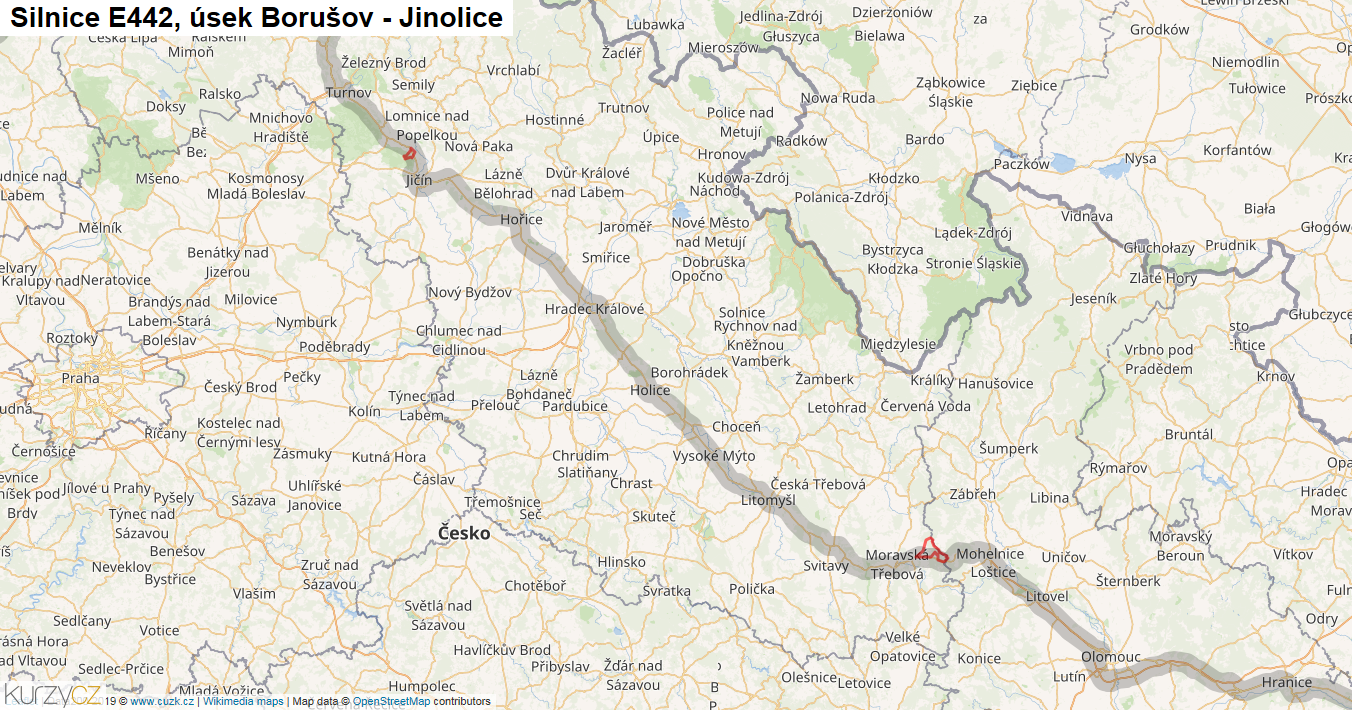 Úsek Borušov - Jinolice, Silnice E442 - Mapa