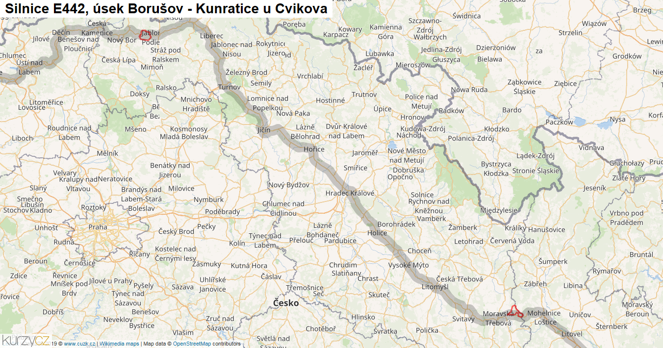 Úsek Borušov - Kunratice u Cvikova, Silnice E442 - Mapa
