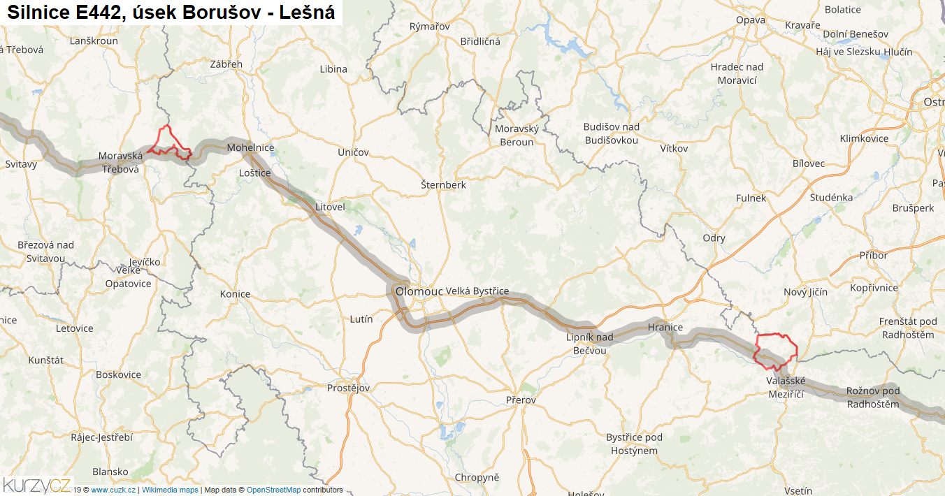 Úsek Borušov - Lešná, Silnice E442 - Mapa