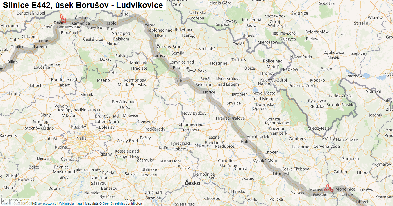 Úsek Borušov - Ludvíkovice, Silnice E442 - Mapa