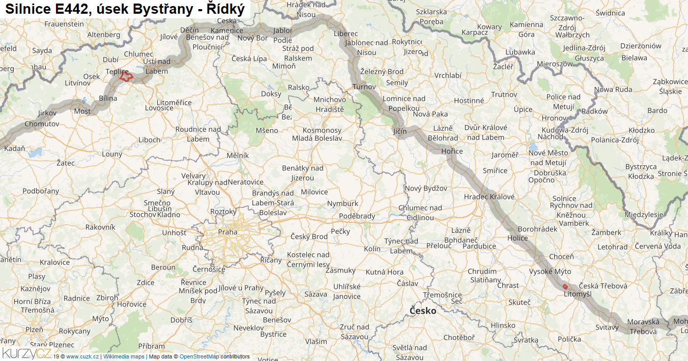 Úsek Bystřany - Řídký, Silnice E442 - Mapa
