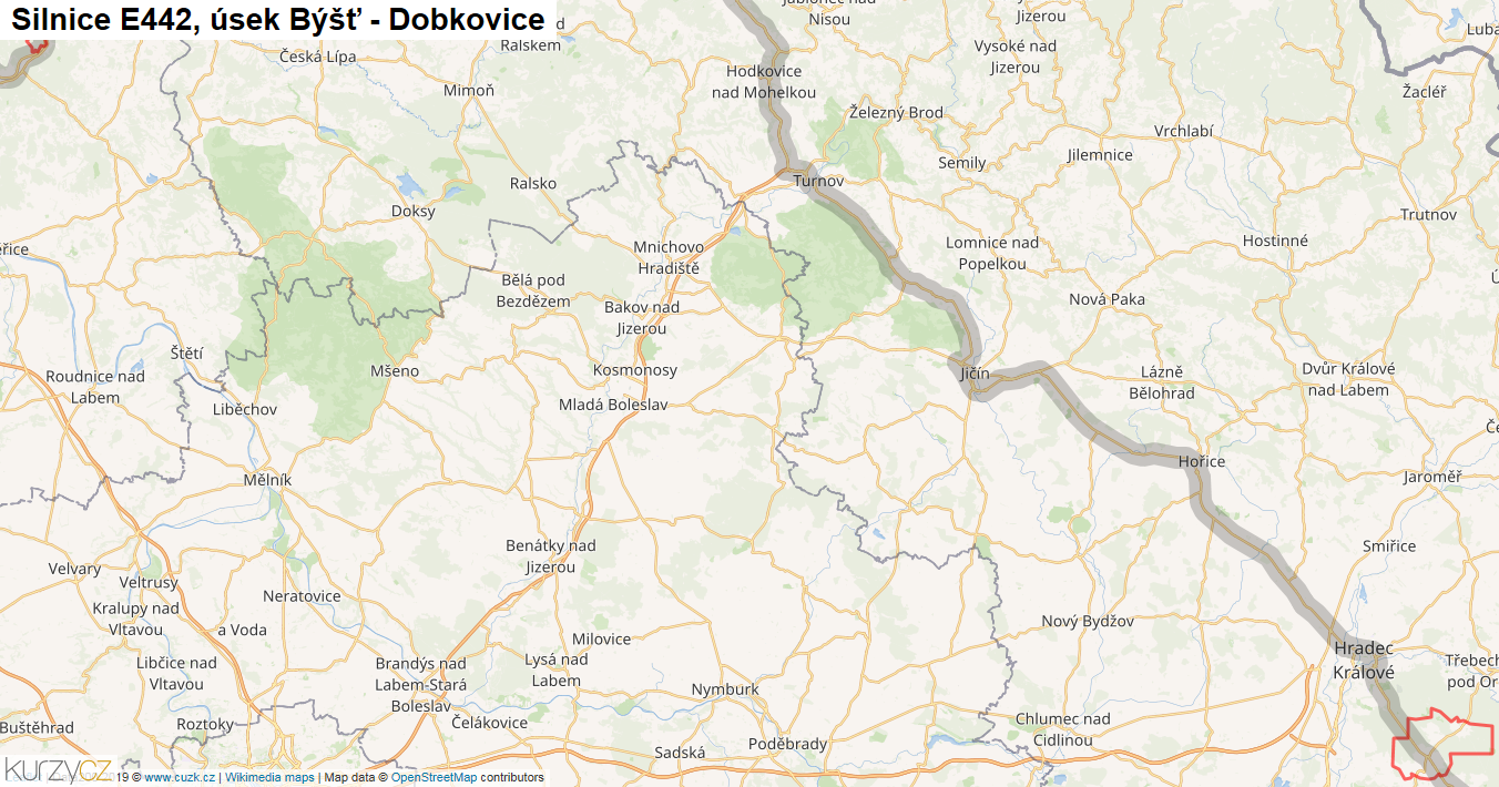 Úsek Býšť - Dobkovice, Silnice E442 - Mapa