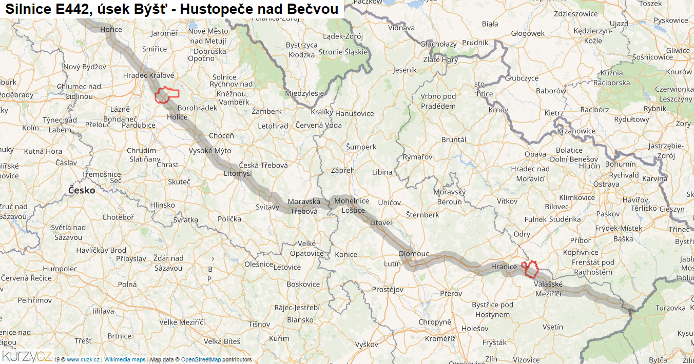 Úsek Býšť - Hustopeče nad Bečvou, Silnice E442 - Mapa