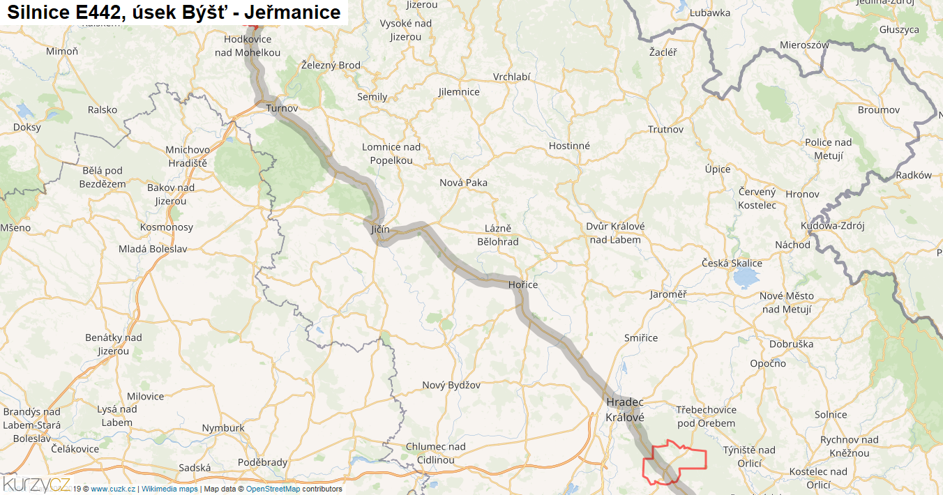 Úsek Býšť - Jeřmanice, Silnice E442 - Mapa