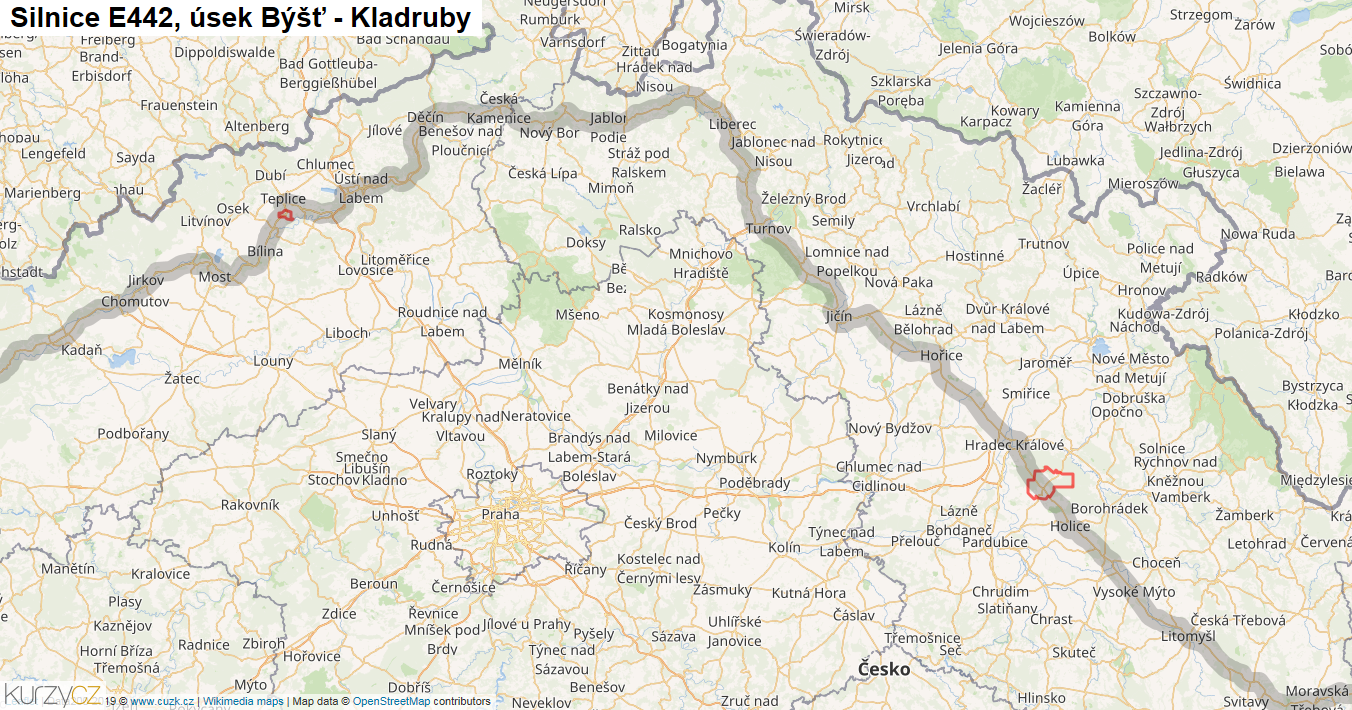 Úsek Býšť - Kladruby, Silnice E442 - Mapa