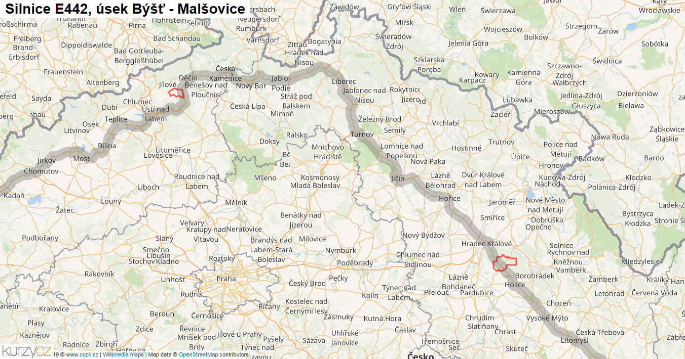 Úsek Býšť - Malšovice, Silnice E442 - Mapa