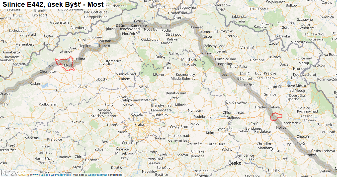 Úsek Býšť - Most, Silnice E442 - Mapa