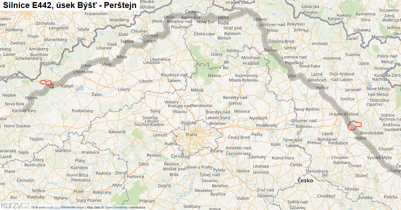 Úsek Býšť - Perštejn, Silnice E442 - Mapa