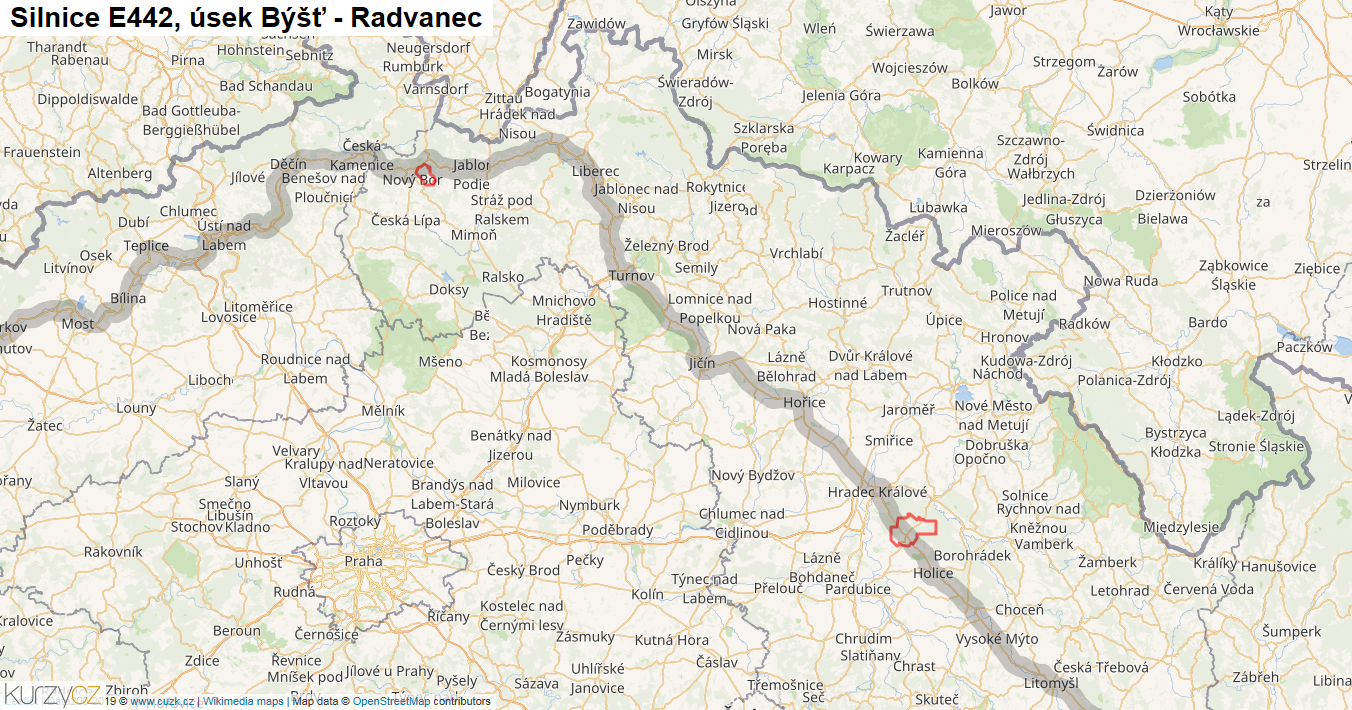 Úsek Býšť - Radvanec, Silnice E442 - Mapa