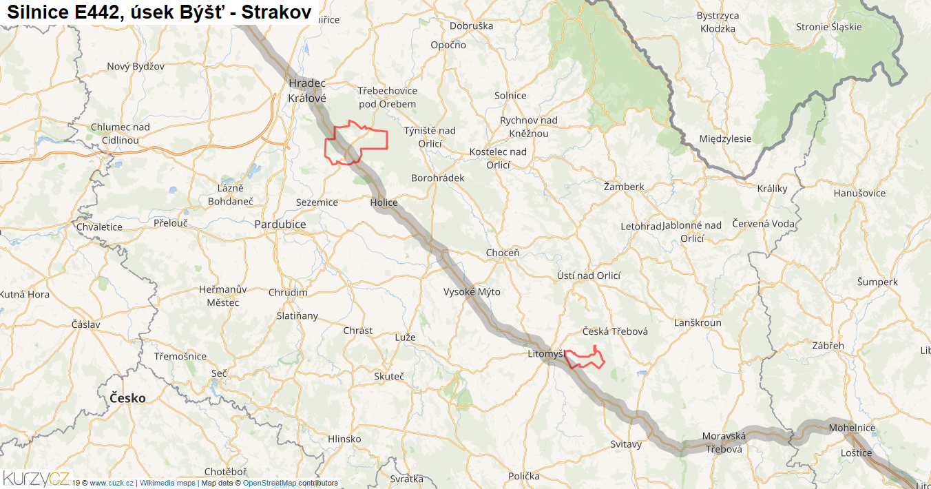 Úsek Býšť - Strakov, Silnice E442 - Mapa