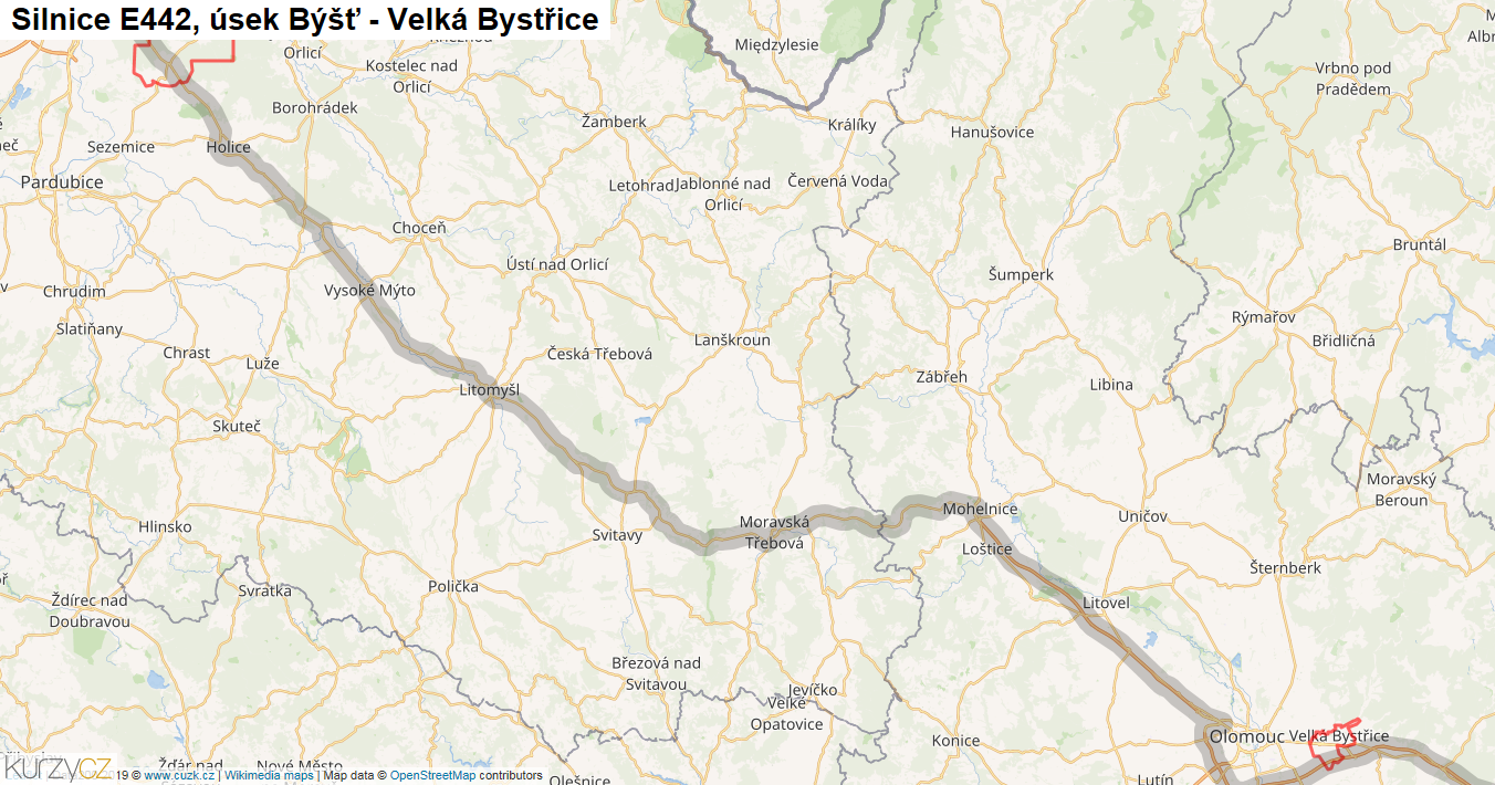 Úsek Býšť - Velká Bystřice, Silnice E442 - Mapa