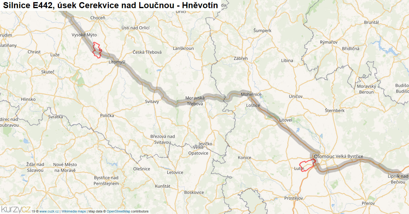 Úsek Cerekvice nad Loučnou - Hněvotín, Silnice E442 - Mapa
