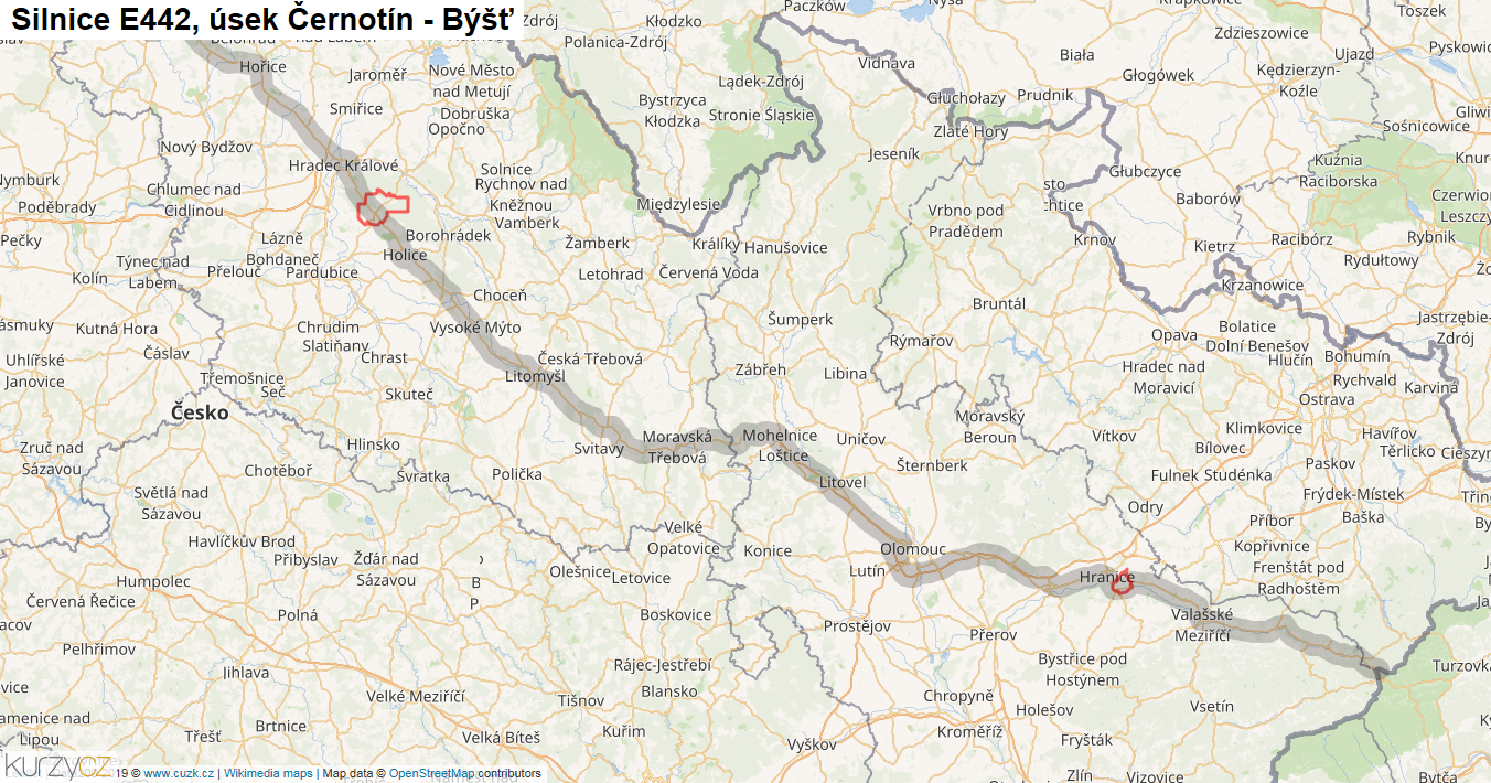 Úsek Černotín - Býšť, Silnice E442 - Mapa