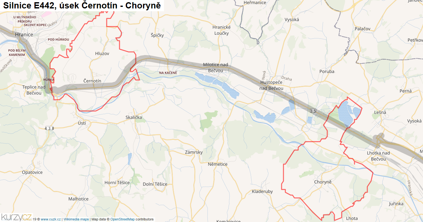 Úsek Černotín - Choryně, Silnice E442 - Mapa