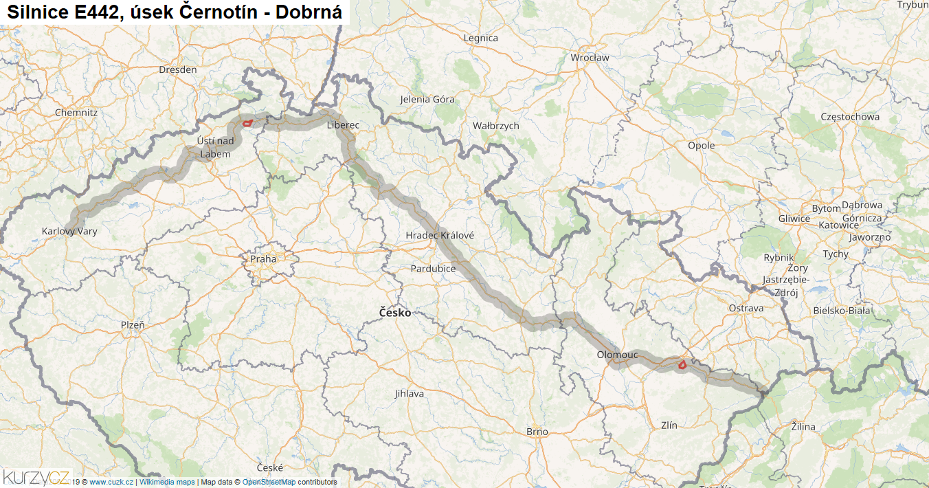 Úsek Černotín - Dobrná, Silnice E442 - Mapa