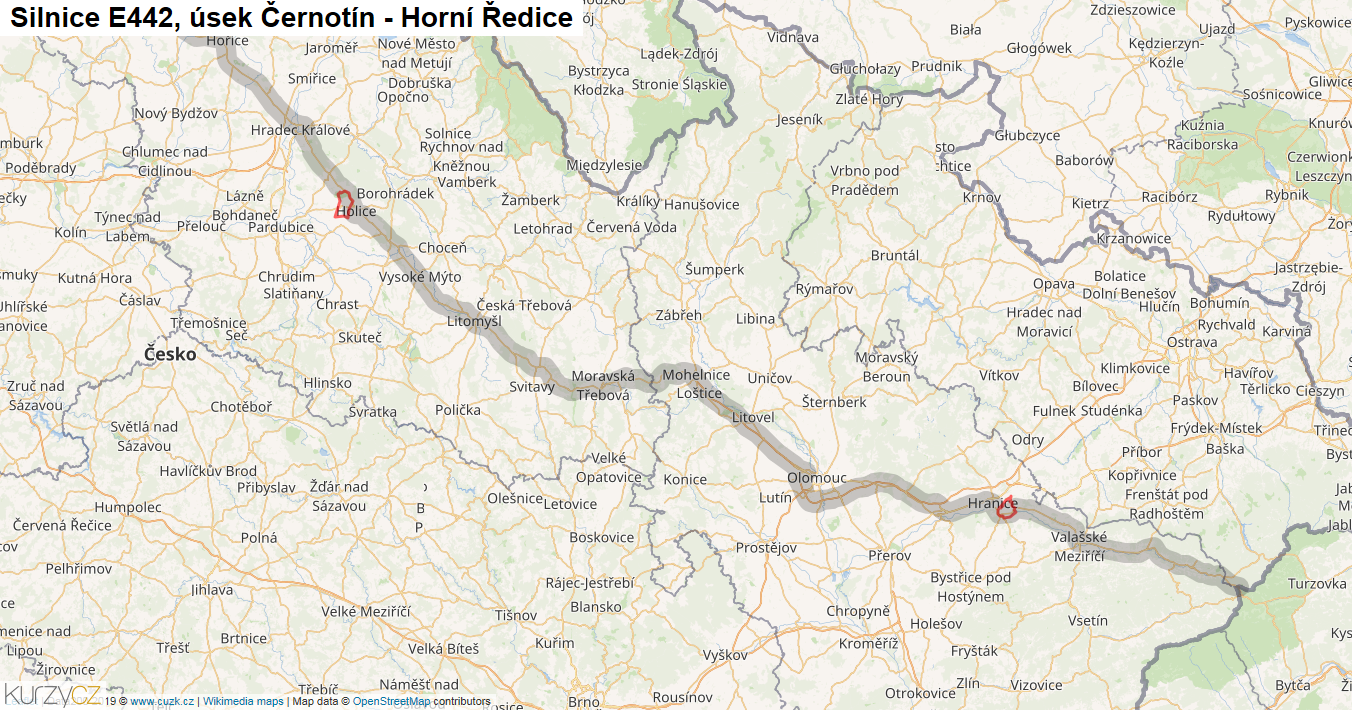 Úsek Černotín - Horní Ředice, Silnice E442 - Mapa