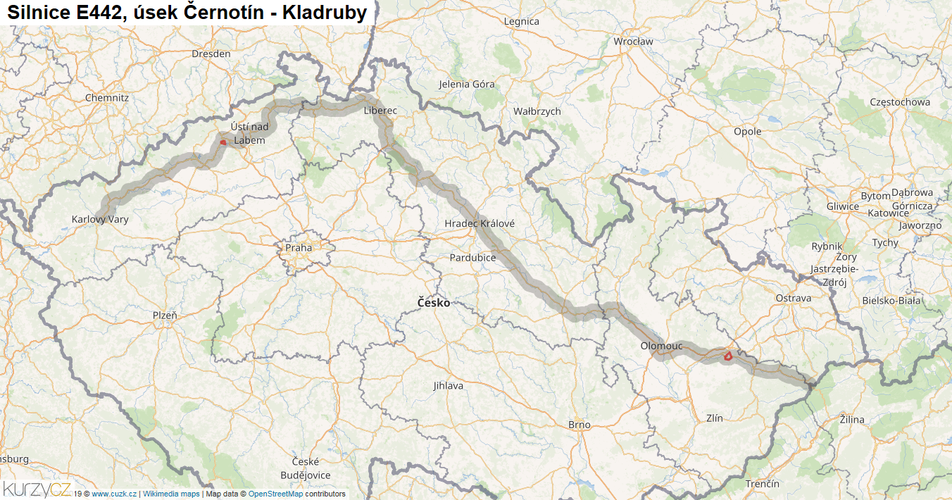 Úsek Černotín - Kladruby, Silnice E442 - Mapa