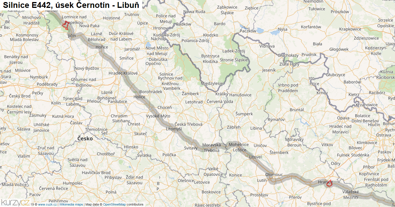 Úsek Černotín - Libuň, Silnice E442 - Mapa