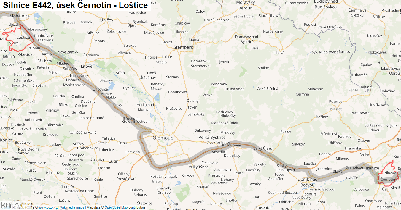 Úsek Černotín - Loštice, Silnice E442 - Mapa