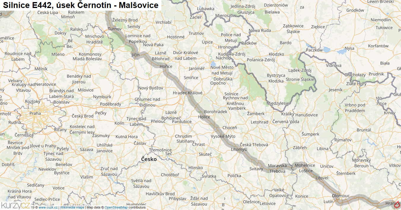 Úsek Černotín - Malšovice, Silnice E442 - Mapa