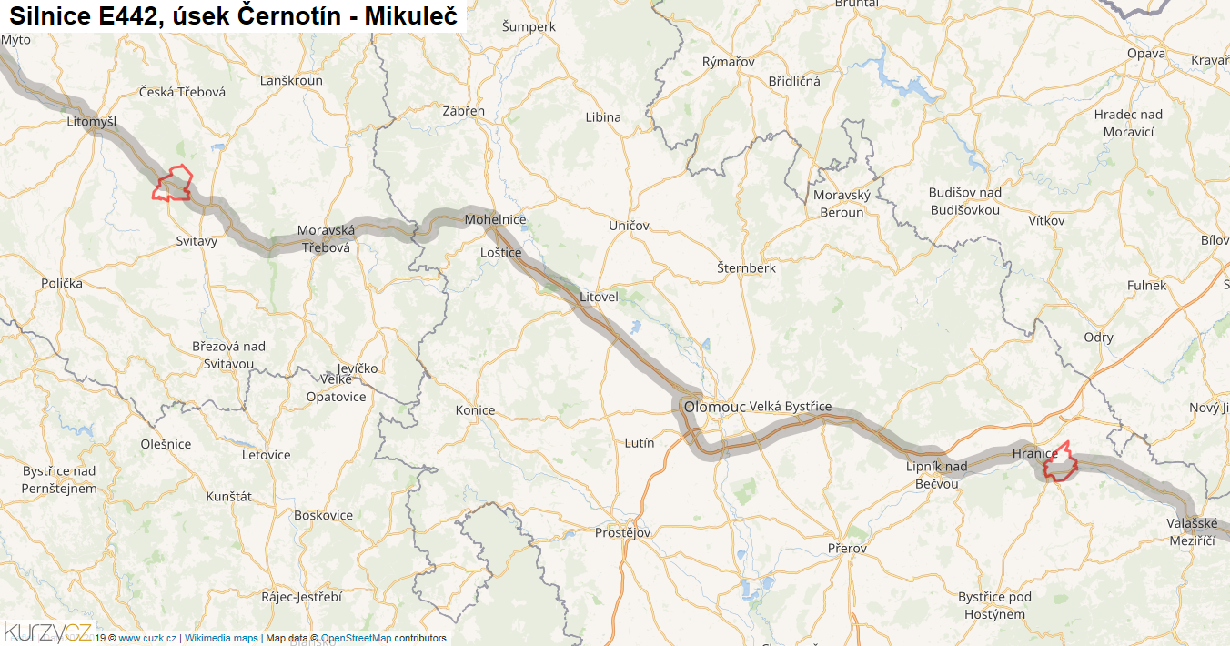 Úsek Černotín - Mikuleč, Silnice E442 - Mapa