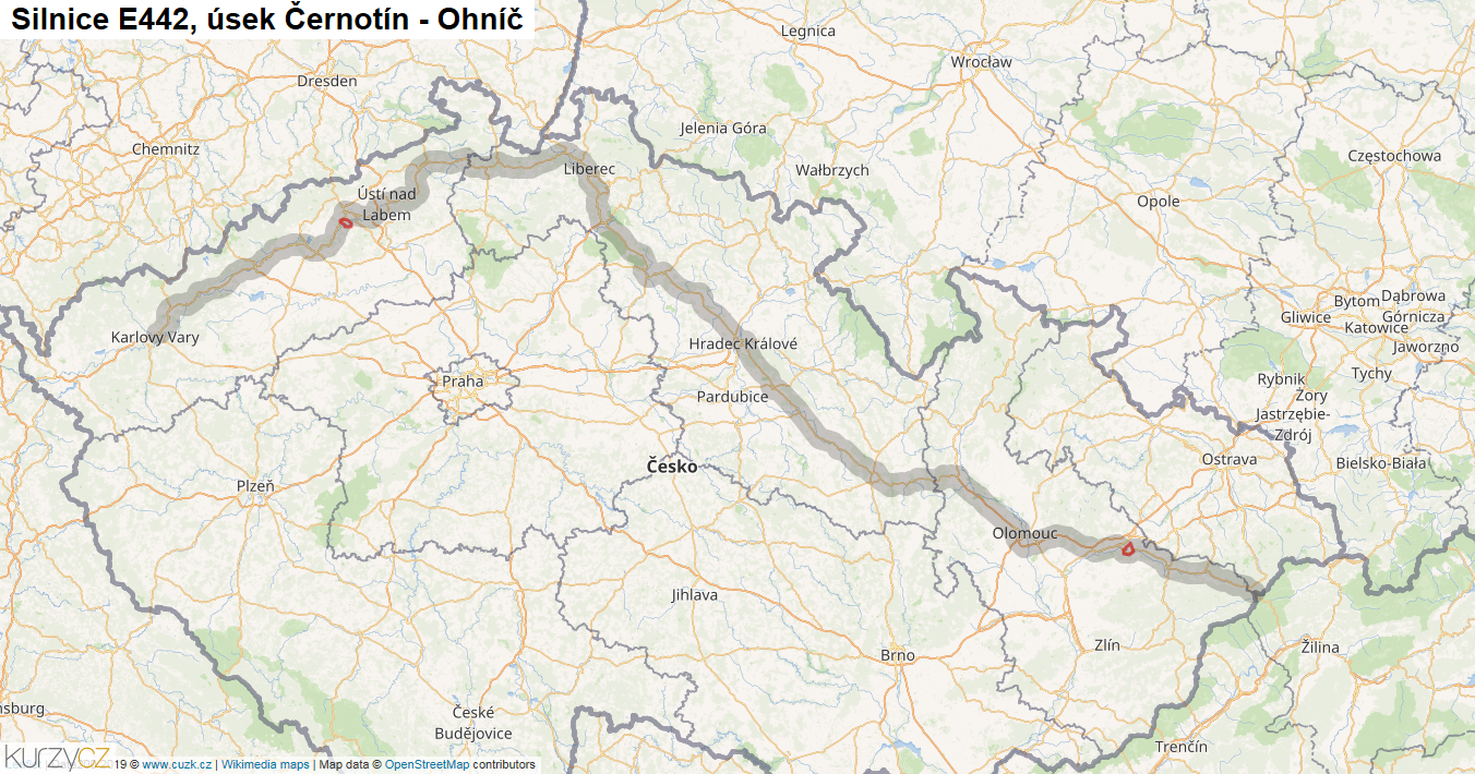 Úsek Černotín - Ohníč, Silnice E442 - Mapa